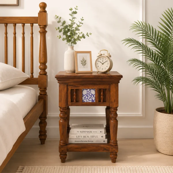 Fhuya Acacia Wood Bedside Table in Raw Honey Finish with Cabinet