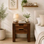 Queln Solid Wood Bedside Table in Mossy Stone Natural Finish