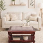 Birchwood Round Coffee Table with Wicker Shelf in White