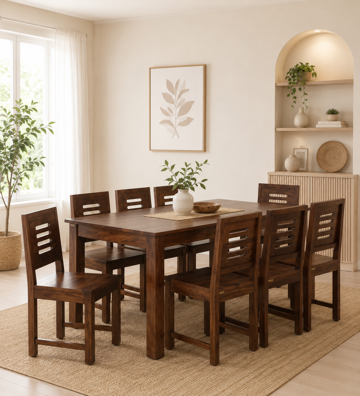 Vrivon Solid Wood 8 Seater Dining Set in Warm Walnut Finish