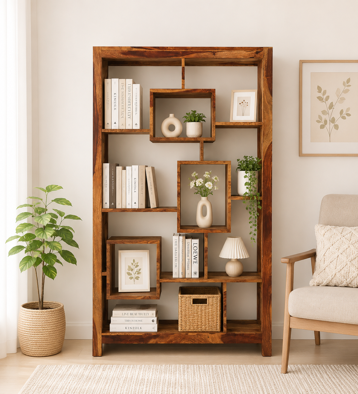 Breezan-Solid-Sheesham-Wood-Ladder-Bookshelf-in-Natural-Oak-1.png Breezan Solid Sheesham Wood Ladder Bookshelf in Natural Oak - Image 1