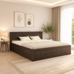 Brynn Teak Solid Wood Double Bed With Box Storage in Provincial Teak Finish