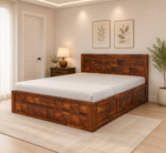 Veron Acacia Wood Double Bed With Drawer Storage in Natural Light Finish