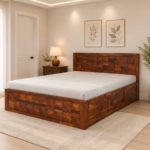 Veron Acacia Wood Double Bed With Drawer Storage in Natural Light Finish
