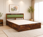 Taldric Mango Wood Queen Size Hydraulic Storage Bed in Pecan Brown Finish