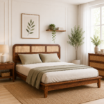 Welvorn Acacia Wood Queen Size Bed Without Storage in Wheat Walnut Finish
