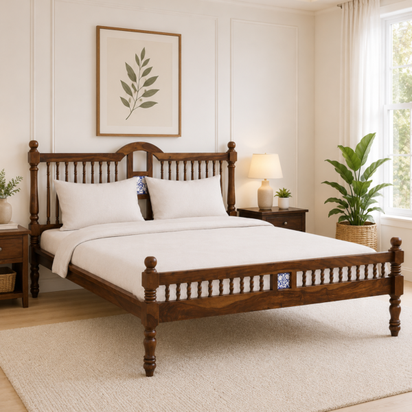 Craldric Acacia Solid Wood Queen Size Bed Without Storage in Peanut Teak Finish
