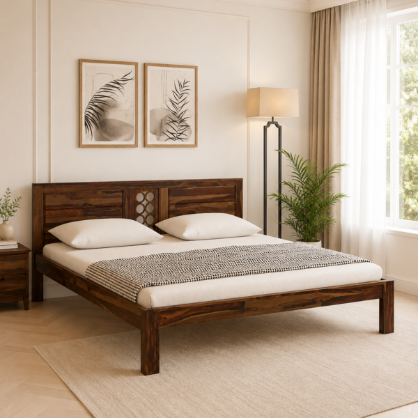 Orlena Sheesham Wood Bed Without Storage With Modern Headboard