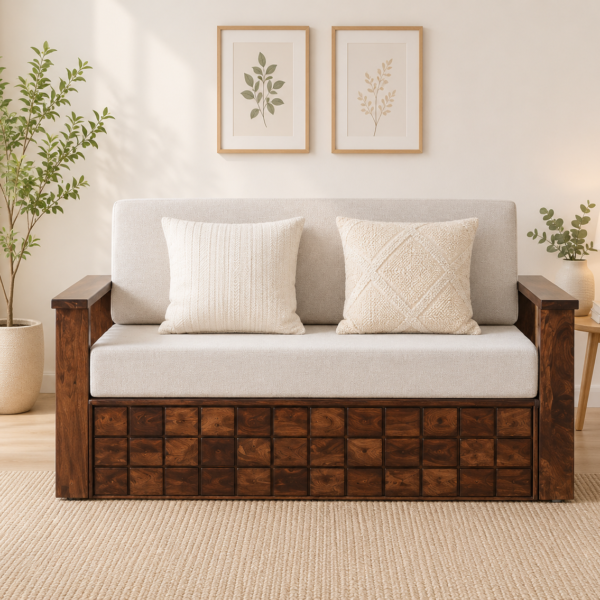 Riviera Premium Wooden Sofa Cum Bed With Plush Cushions