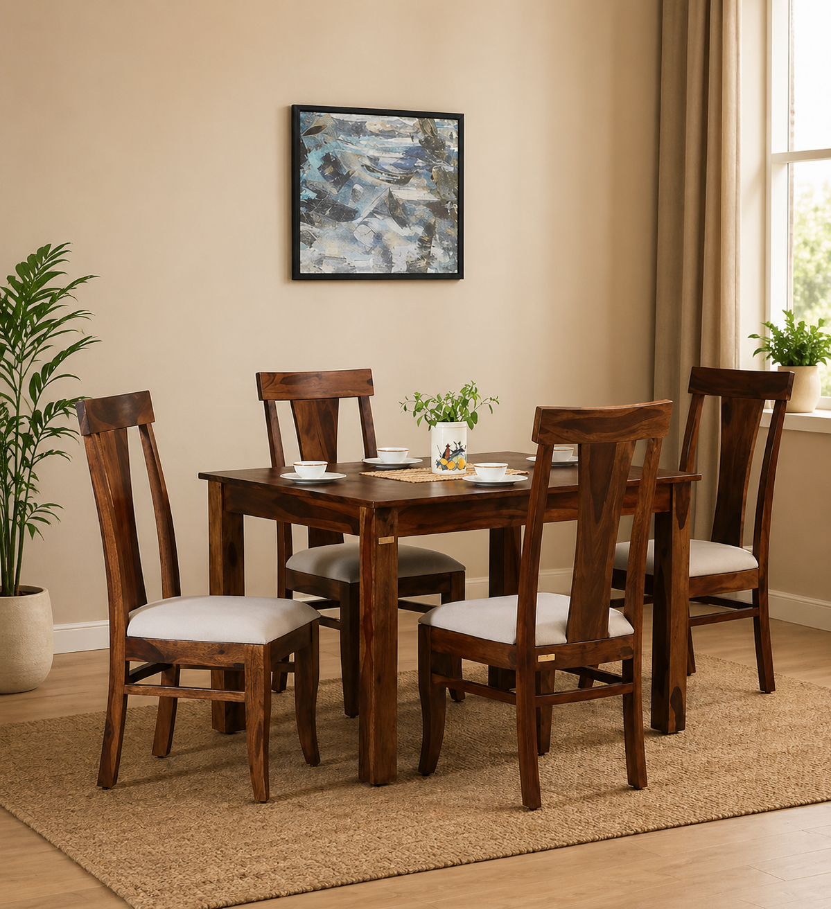 Heritage-Solid-Sheesham-Wood-4-Seater-Dining-Table-Set-with-Cushioned-Chairs-1.png Heritage Solid Sheesham Wood 4 Seater Dining Table Set with Cushioned Chairs - Image 1