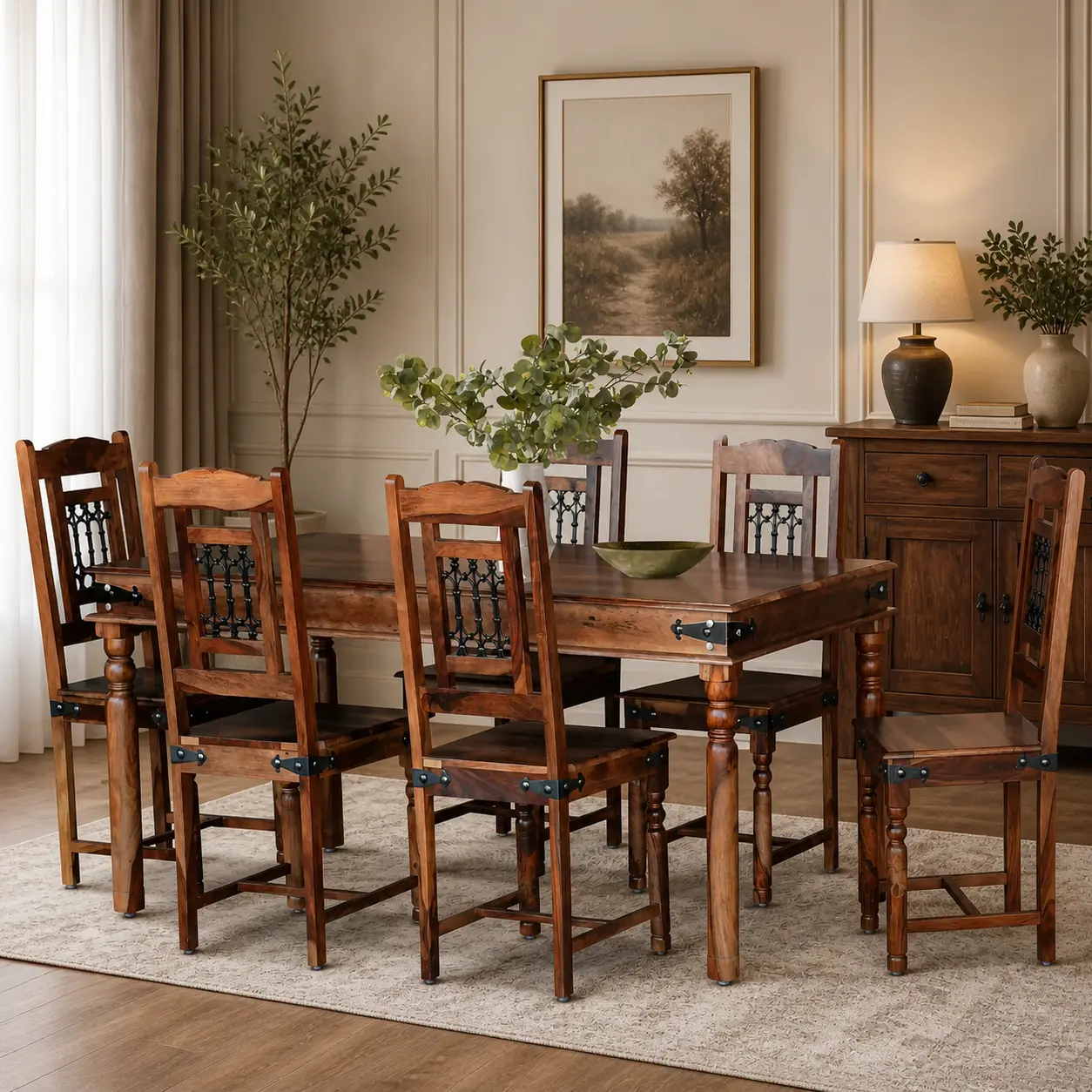 Luxury-Solid-Sheesham-Wood-Rustic-6-Seater-Dining-Table-Set-with-Iron-Detailing-7.webp Luxury Solid Sheesham Wood Rustic 6-Seater Dining Table Set with Iron Detailing - Image 1