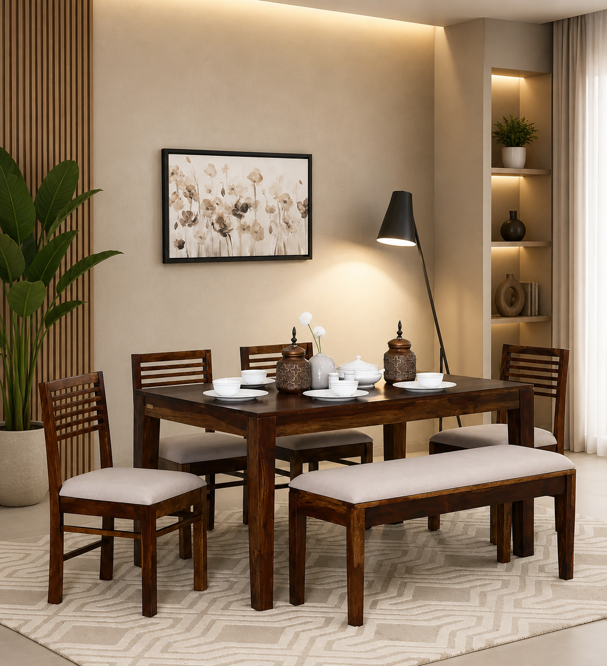 modern-6-seater-dining-table-set-with-chairs-for-medium-size-family-dining-room-1.png Aelmora Solid Sheesham Wood Dining Table Set for 6 with Bench in Classic Finish - Image 1