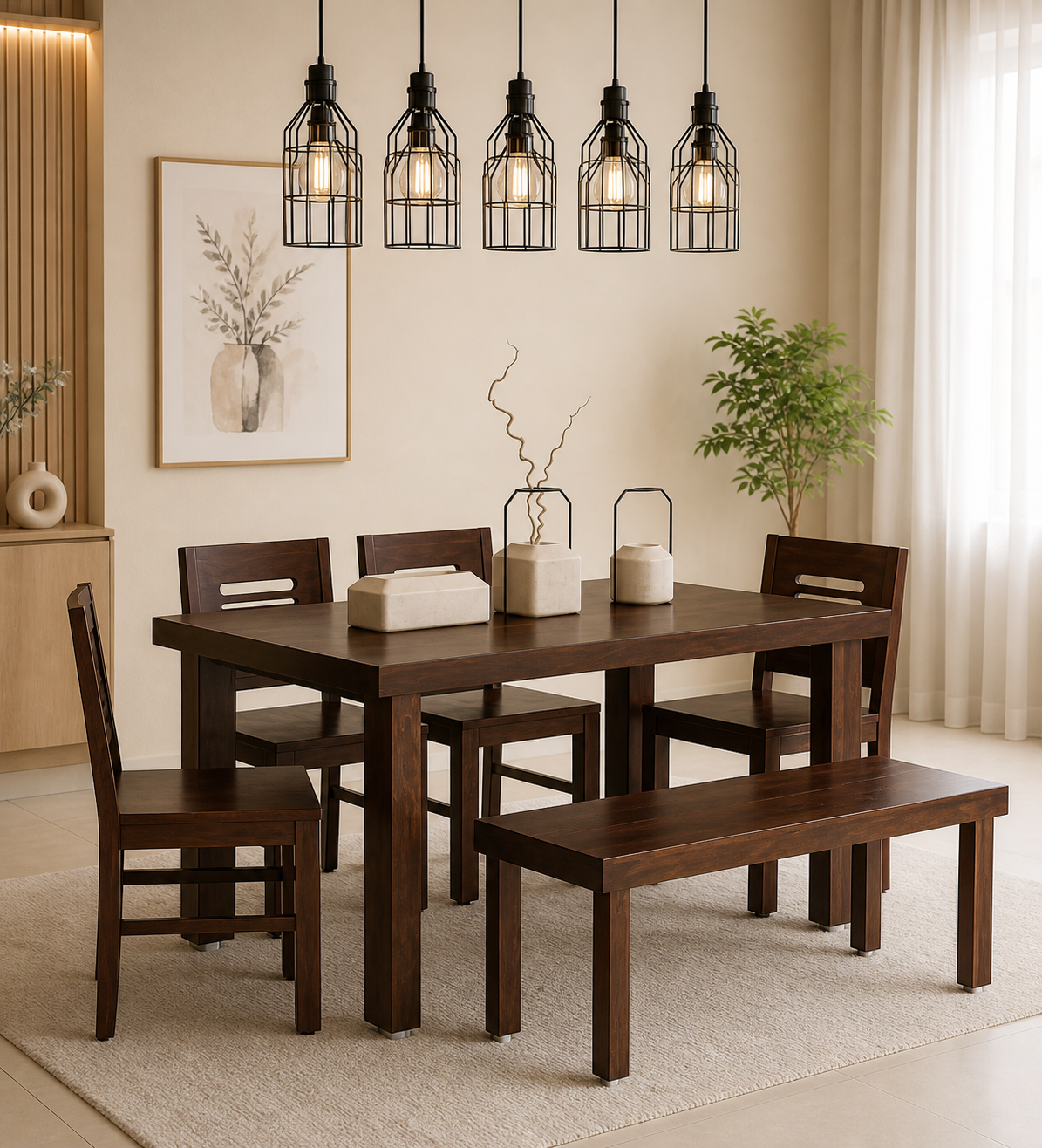 Zenvoria-Sheesham-Wood-6-Seater-Dining-Set-In-Scratch-Resistant-Provincial-Teak-Finish-With-Bench-1.png Zenvoria Sheesham Wood 6 Seater Dining Set In Scratch Resistant Provincial Teak Finish With Bench - Image 1