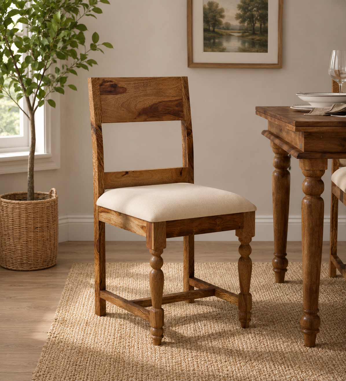 Classicwood-1-19.png Nain Sheesham Wood Dining Chairs In Provincial Teak Finish (Set Of 2) With Cushioned Chairs - Image 1