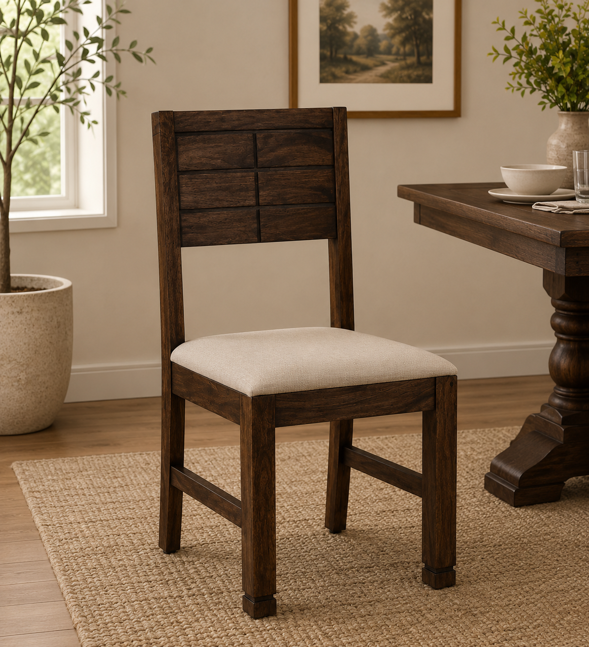 Classicwood-1-23.png Nain Sheesham Wood Dining Chairs In Provincial Teak Finish with Grey Cushion (Set Of 2) - Image 1