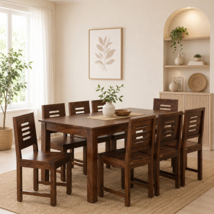 Vrivon Solid Wood 8 Seater Dining Set in Warm Walnut Finish