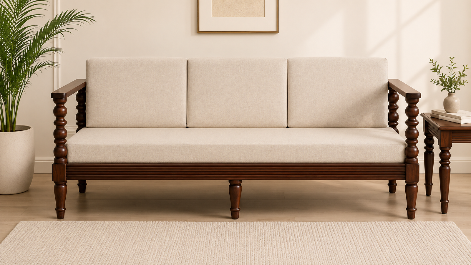 Clone-Sheesham-Wood-3-Seater-Sofa-In-Beige-Colour-classicwood-1-1.png Solid Sheesham Wood 3 Seater Sofa with Mocha Mousse Upholstery โ Walnut Finish - Image 1