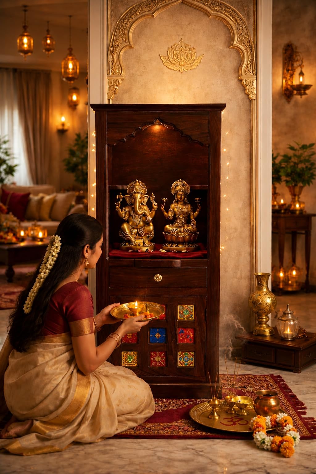 71m7Jt0kMzL.jpg MARWAR ART Sheesham Wood Pooja Mandir with Cabinet (23x15x57in) - Image 1