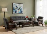 DaneWood Wooden 5 Seater Sofa Set - 3+1+1, for Living Room, Drawing Room, Office & Lounge | Solid Sheesham Wood, Fabric (Brown)