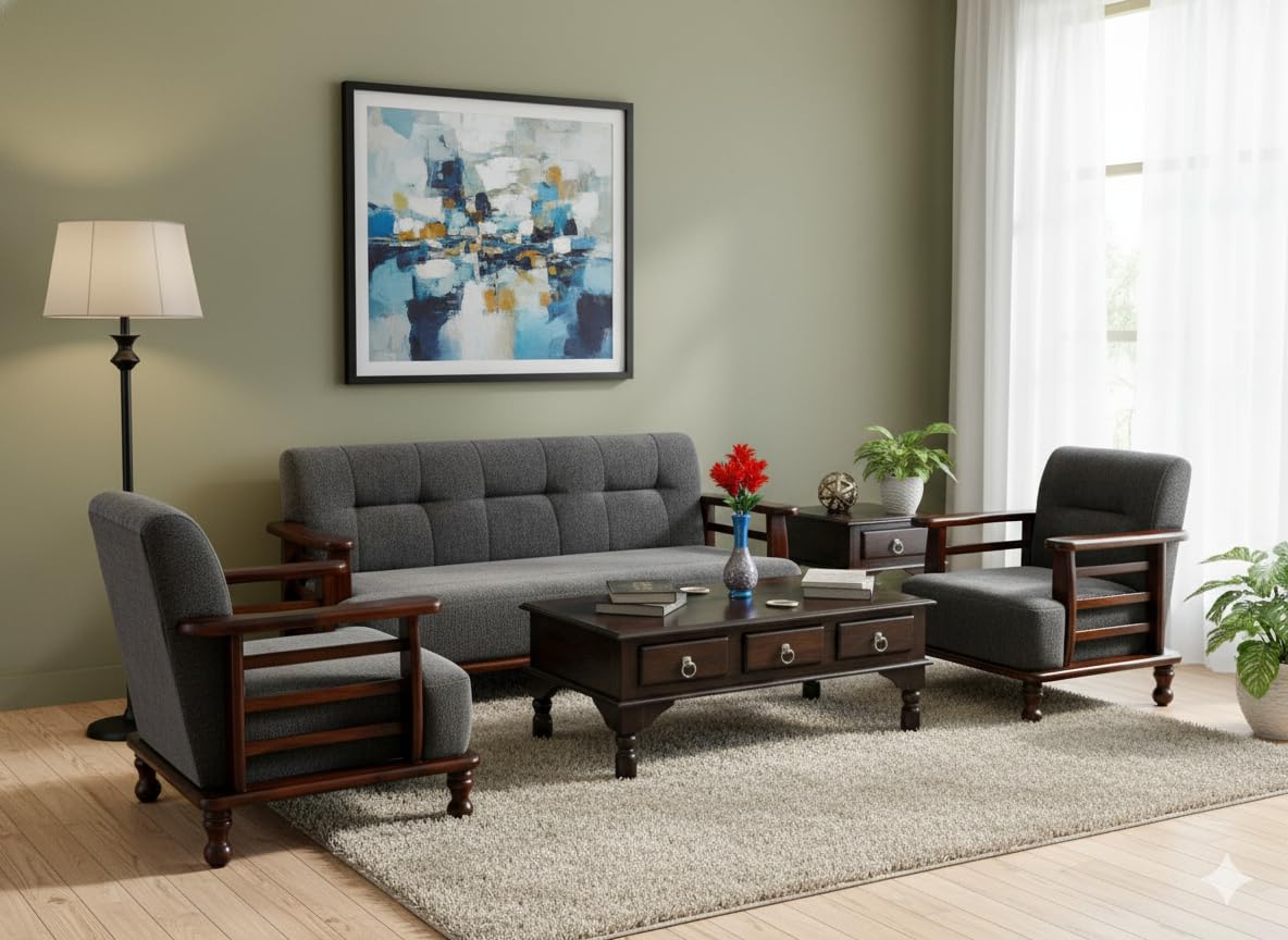 61JctlgNtGL._SL1184_ DaneWood Wooden 5 Seater Sofa Set - 3+1+1, for Living Room, Drawing Room, Office & Lounge | Solid Sheesham Wood, Fabric (Brown) - Image 1