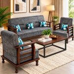 Solid Sheesham Wood 5 Seater Sofa Set | 3 Seater Sofa with 2 Armchairs | Premium Wooden Frame with Comfortable Fabric Upholstery | Honey & Walnut Finish | Living Room Furniture