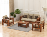 Solid Sheesham Wood 5 Seater Sofa Set | Honey Fabric & Walnut Finish | 3+1+1 Living Room Sofa Set