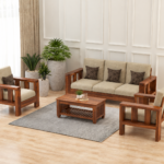 Solid Sheesham Wood 5 Seater Sofa Set | Honey Fabric & Walnut Finish | 3+1+1 Living Room Sofa Set