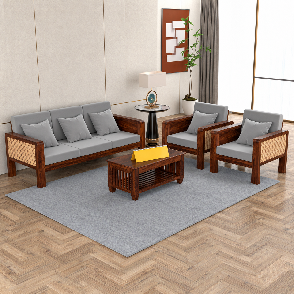 b64a49ad-a342-4b25-8ff9-1eb3e24fca38 Solid Sheesham Wood 5 Seater Sofa Set with Cane Detailing | 3 Seater Sofa & 2 Armchairs | Honey & Walnut Finis - Image 1