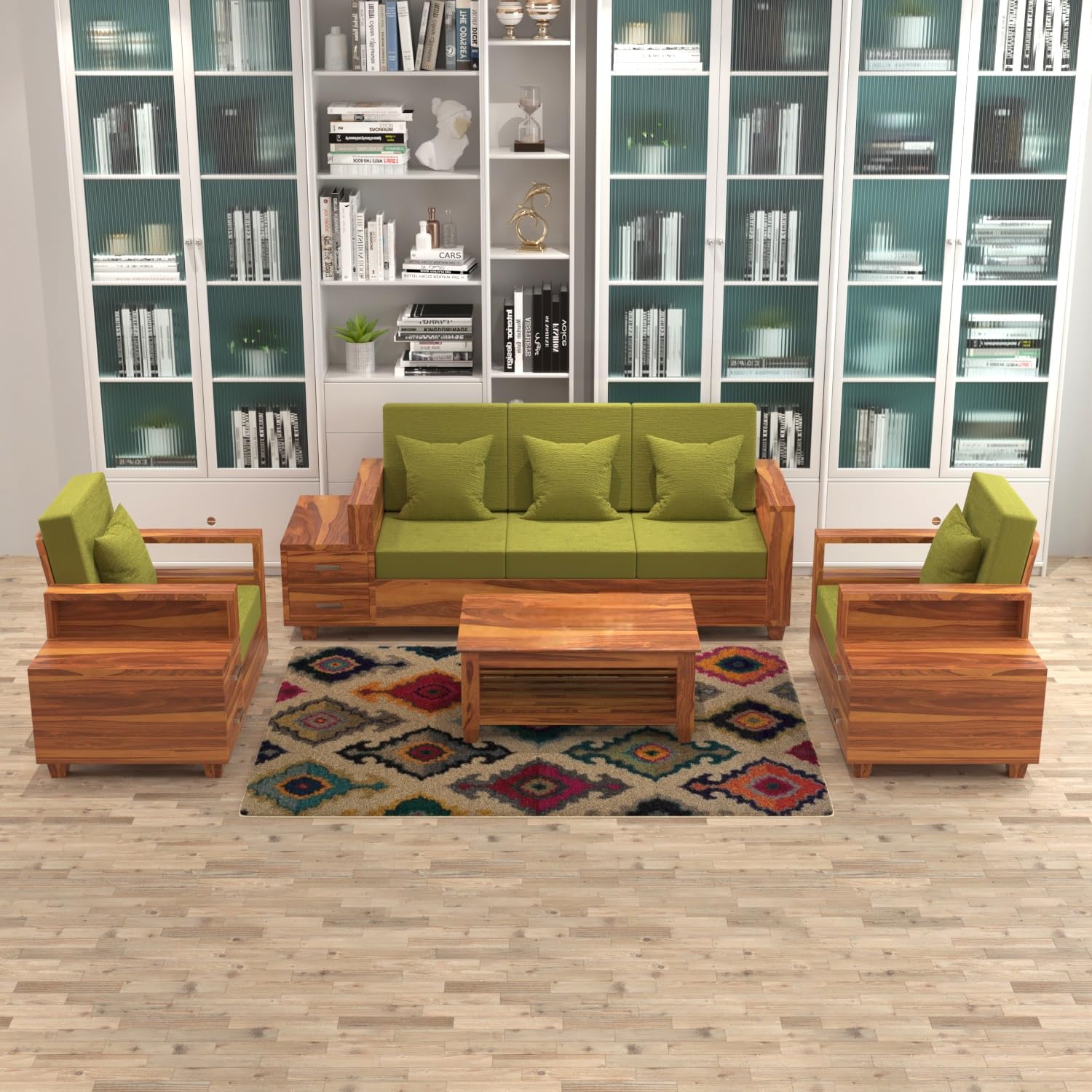 81YzcnDvDmL._SL1500_ Classic Sheesham Wood 5 Seater Sofa Set with Cushioned Seating โ Honey Walnut - Image 1