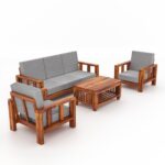 Solid Sheesham Wood 5 Seater Sofa Set – 3+1+1 Wooden Frame with Premium Fabric Seating - Image 2
