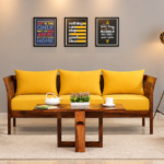 Solid Sheesham Wood 5 Seater Sofa Set for Living Room | Wooden Couch with Cushions | Handcrafted Sheesham Wood Sofa | Home & Office Furniture | 3+1+1 Seater Sofa Set | Fanti-YellowN