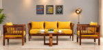 Solid Sheesham Wood 5 Seater Sofa Set for Living Room | Wooden Couch with Cushions | Handcrafted Sheesham Wood Sofa | Home & Office Furniture | 3+1+1 Seater Sofa Set | Fanti-YellowN