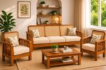 Solid Sheesham Wood 5 Seater Sofa Set with Cane Backrest – Honey Finish