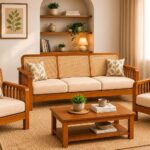 Solid Sheesham Wood 5 Seater Sofa Set with Cane Backrest – Honey Finish