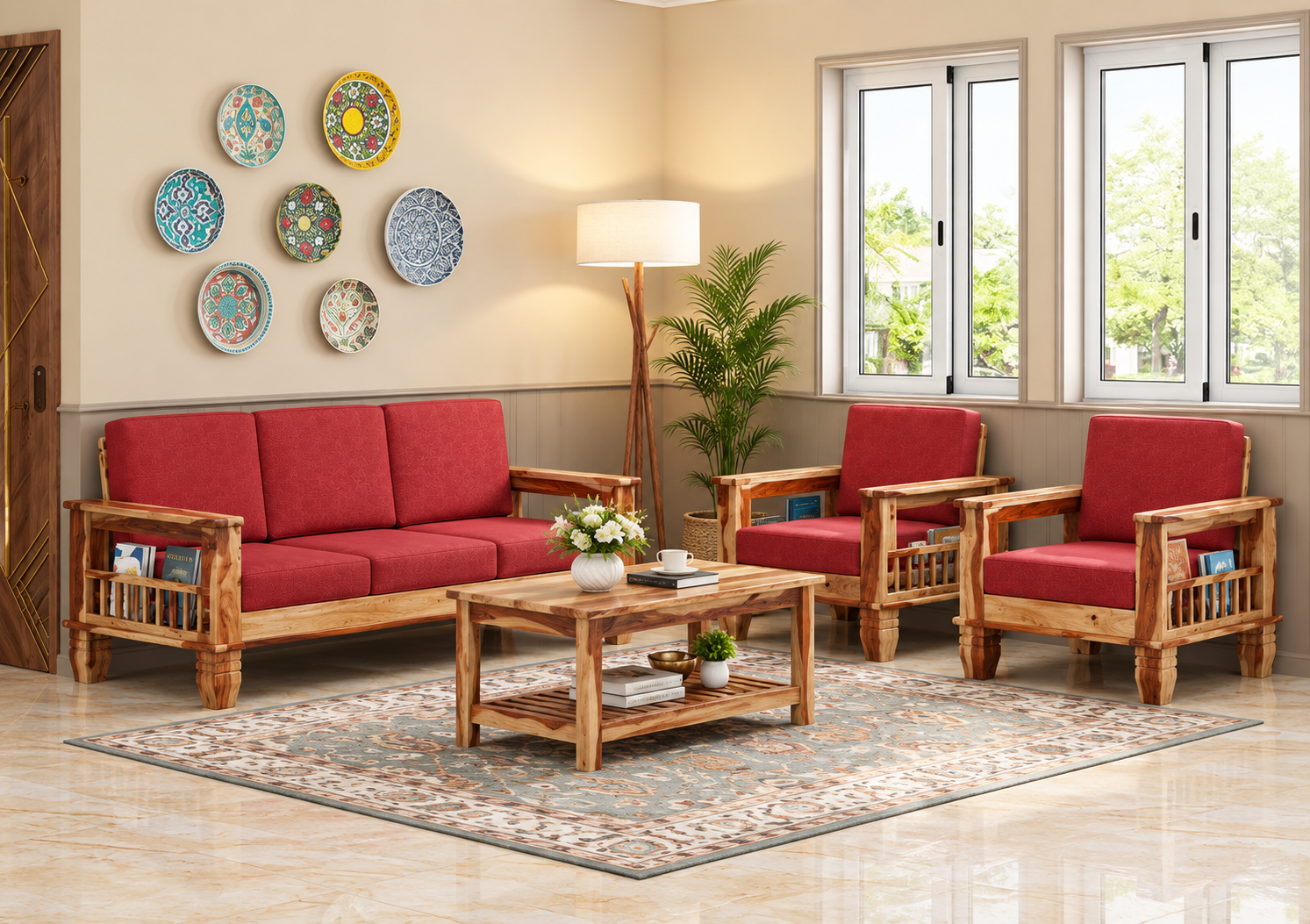 fafbc52e-8c10-4049-a50a-bbda60f0015f Elegant Solid Wood 5 Seater Sofa Set โ Sheesham Natural Finish - Image 1