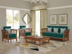 Sheesham Wood 5 Seater Sofa Set – Honey Finish with Designer Printed Cushions