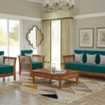 Sheesham Wood 5 Seater Sofa Set – Honey Finish with Designer Printed Cushions