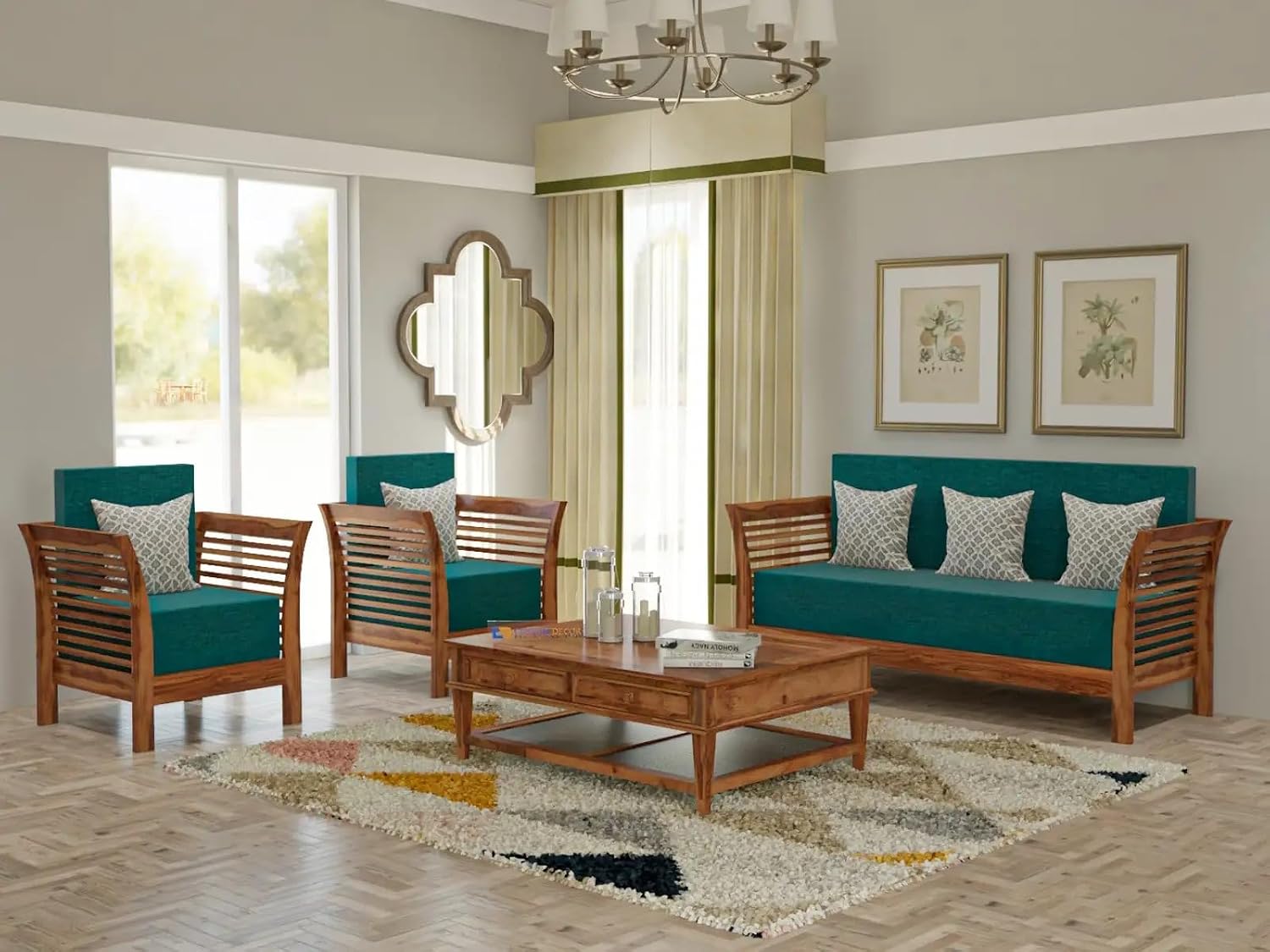 71RuL7+2qyL._SL1500_ Sheesham Wood 5 Seater Sofa Set โ Honey Finish with Designer Printed Cushions - Image 1