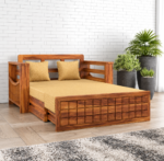 Solid Sheesham Wood 2 Seater Sofa Cum Bed | Honey & Walnut Finish | Multifunctional Wooden Sofa Bed