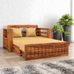 Solid Sheesham Wood 2 Seater Sofa Cum Bed | Honey & Walnut Finish | Multifunctional Wooden Sofa Bed
