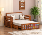 Solid Sheesham Wood 2 Seater Sofa Cum Bed | Honey & Walnut Finish | Wooden Sofa Bed for Living Room