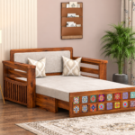 Solid Sheesham Wood 2 Seater Sofa Cum Bed | Honey & Walnut Finish | Wooden Sofa Bed for Living Room