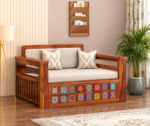 Solid Sheesham Wood 2 Seater Sofa Cum Bed | Honey & Walnut Finish | Wooden Sofa Bed for Living Room - Image 2