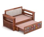 Solid Sheesham Wood 2 Seater Sofa Cum Bed | Honey & Walnut Finish | Wooden Sofa Bed for Living Room - Image 6