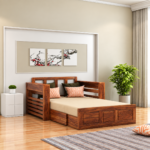 Solid Sheesham Wood 2 Seater Sofa Cum Bed for Living Room | Premium Honey & Walnut Finish