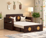 Solid Sheesham Wood 2 Seater Sofa Cum Bed | Honey & Walnut Finish with Cane Detailing