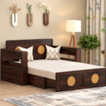 Solid Sheesham Wood 2 Seater Sofa Cum Bed | Honey & Walnut Finish with Cane Detailing