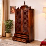 Solid Sheesham Wood Pooja Mandir | Handcrafted Lattice Door Design with Honey Finish