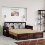 Solid Sheesham Wood 3 Seater Sofa Cum Bed | Multipurpose Wooden Sofa Bed with Honey & Walnut Finish
