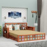 Solid Sheesham Wood 3 Seater Sofa Cum Bed | Honey & Walnut Finish | Multifunctional Wooden Sofa Bed for Living Room